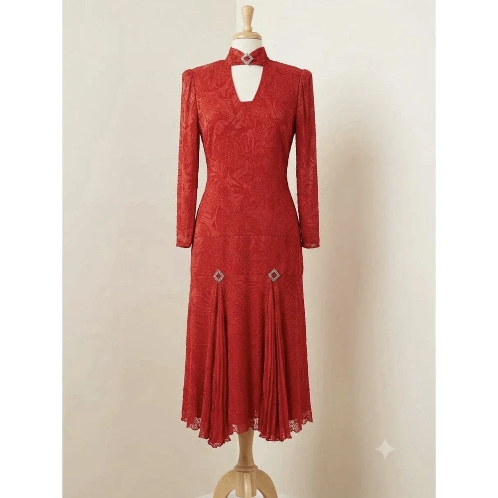 Vtg 80s Jayna Red Velvet Jacquard Long Sleeve Choker Neckline Drop Waist Sz M